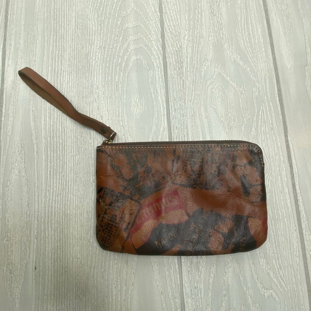 Patricia Nash Brown Italian Leather Napoli Terminus Maps Wristlet Clutch